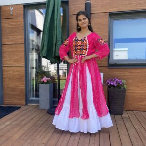 Fully Stitched Chaniya Choli Lehenga Set – Pink with White Flare