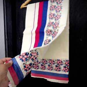 Kasavu Saree – Off White with Floral Border and Pink Blue Stripes