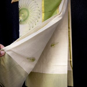 Kasavu Saree – Off White with Green Motifs and Gold Border