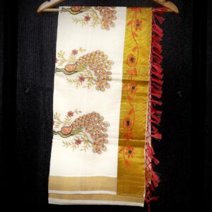 Kasavu Saree with Peacock Motif and Gold Border