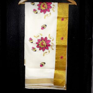 Kasavu Saree with Floral Embroidery and Gold Border