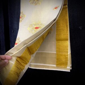 Kasavu Saree with Gold Border and Subtle Floral Motifs