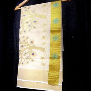 Kasavu Saree with Tree Motif and Golden Border