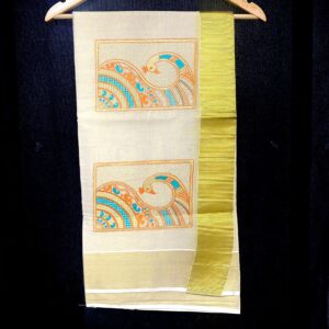 Kasavu Saree with Peacock Panel Motif and Golden Border