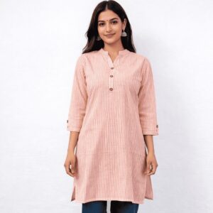 Cotton Striped Straight Kurta – Peach Salmon