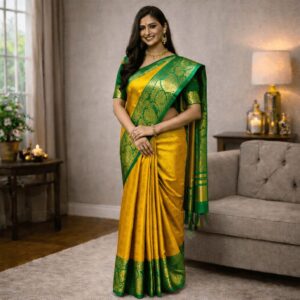 One Minute Saree – Mustard Yellow and Emerald Green