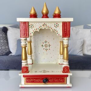 Ivory Red Wooden Pooja Mandir with Drawer