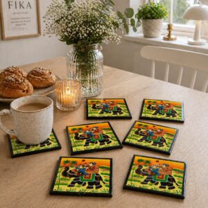 Hand Painted Wooden Coaster Set Elephant Art Set of 6