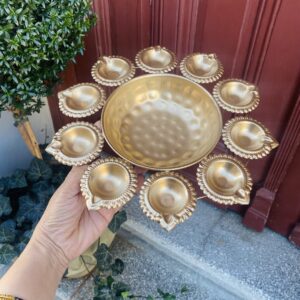 Golden Floral Urli Bowl with 10 Tealight/Diya Holders