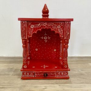 Red Wooden Pooja Mandir with Drawer