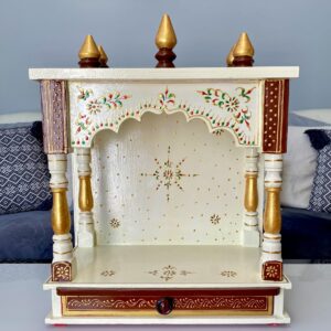 White Wooden Pooja Mandir with Drawer