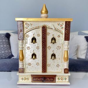 White Wooden Pooja Mandir with Doors and Drawer