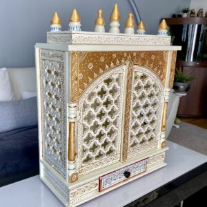 Ivory Wooden Pooja Mandir with Jali Doors and Drawer