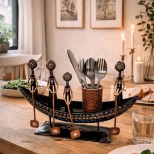 Antique Black Metal Boat Shape Pen Stand and Cutlery Holder
