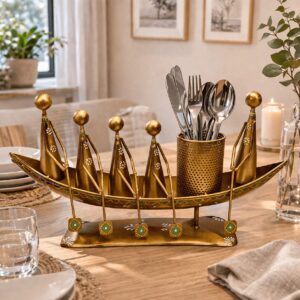 Antique Bronze Gold Metal Boat Shape Pen Stand and Cutlery Holder