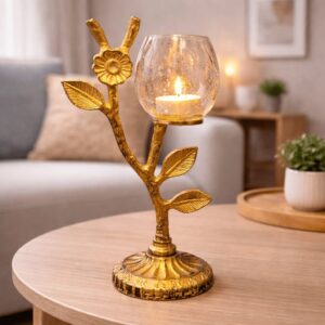 Floral Tealight Candle Holder – Antique Gold Glass Decor