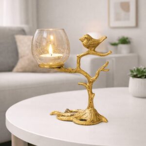 Bird Tealight Candle Holder – Antique Gold Glass Decor