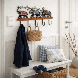 Iron Wall Hanger 5 Hooks Elephant Design Multicolour