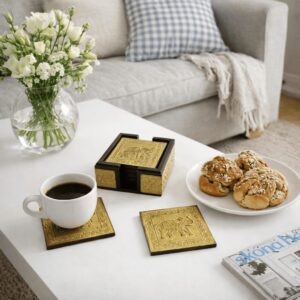 Antique Gold Elephant Coaster Set with Holder