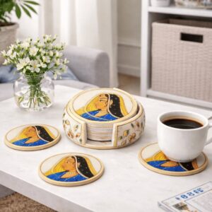 White Marble Lady Art Coaster Set with Holder – Yellow Veil