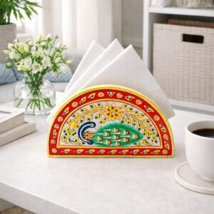 Handpainted Marble Napkin Holder Peacock Design
