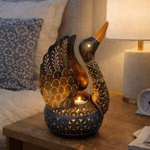 Handpainted Metal Swan Tealight Candle Holder Blue