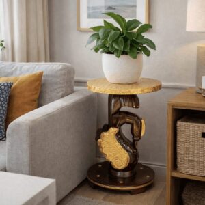 Handcrafted Brass Wooden Stool Side Table
