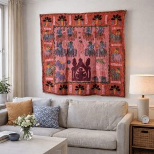 Handmade Cotton Wall Tapestry Coral Red Animal Motif