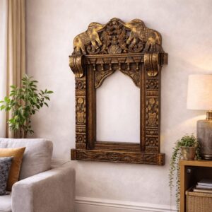 Antique Gold Elephant Carved Wooden Jharokha Wall Frame