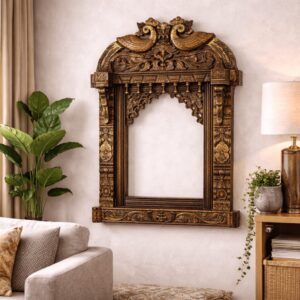 Antique Gold Peacock Carved Wooden Jharokha Wall Frame