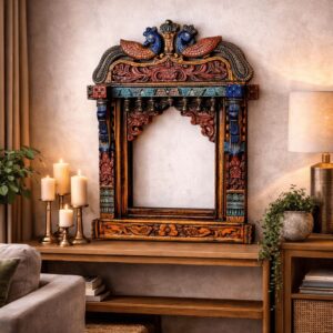 Multicolour Peacock Carved Wooden Jharokha Wall Frame