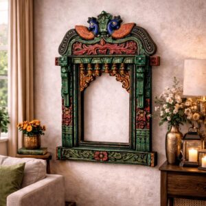 Green Multicolour Peacock Carved Wooden Jharokha Wall Frame