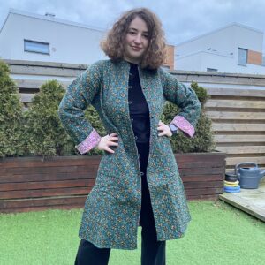 Handmade Kantha Reversible Cotton Long Jacket Green Floral