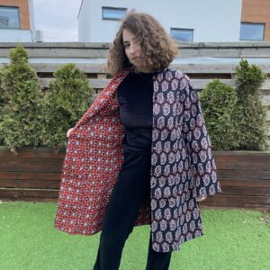 Handmade Kantha Reversible Cotton Long Jacket Red Black Motif
