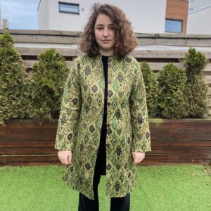 Handmade Kantha Reversible Cotton Long Jacket Olive Green Motif