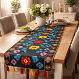 Handmade Suzani Embroidered Table Runner Black Multicolor Geometric
