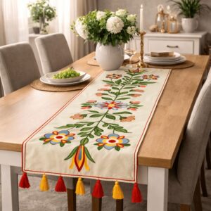 Handmade Suzani Embroidered Table Runner Floral Vine Multicolor