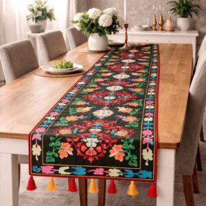 Handmade Suzani Embroidered Table Runner Black Multicolor Floral Medallion