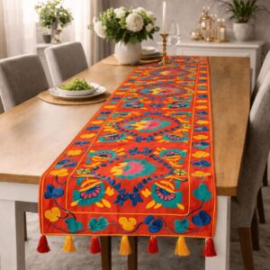 Handmade Suzani Embroidered Table Runner Multicolor Diamond Medallion