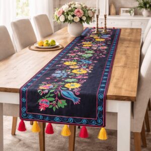 Handmade Suzani Embroidered Table Runner Black Multicolor Floral Vine
