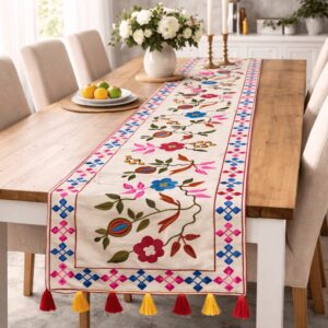 Handmade Suzani Embroidered Table Runner Multicolor Floral Vine Classic