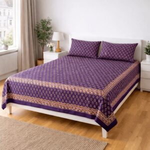Handmade Cotton Bedsheet with 2 Pillow Covers Purple Ethnic Motif King Size