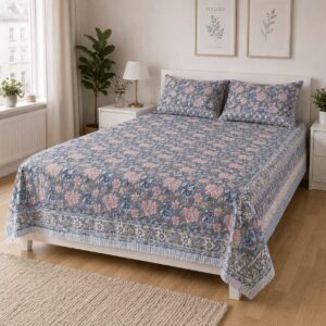 Handmade Cotton Bedsheet with 2 Pillow Covers Blue Floral Pattern King Size