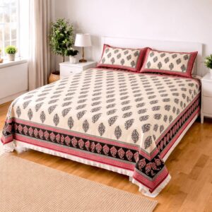 Black Red Leaf Cotton King Bedsheet Set