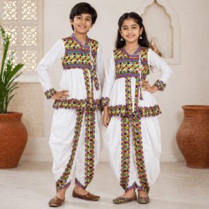 Kids Angarkha Dhoti Kurta Set White Embroidered