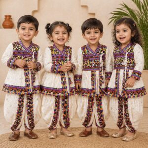 Kids Angarkha Dhoti Kurta Set Ivory Multicolour Embroidered