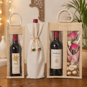 Jute Wine Bottle Gift Bag Set of 3 Mixed Styles