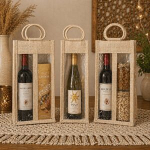 Jute Wine Bottle Gift Bag Set of 3 Window Style