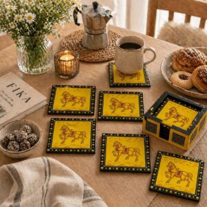 Hand-Painted Wooden Coaster Set of 6 with Holder