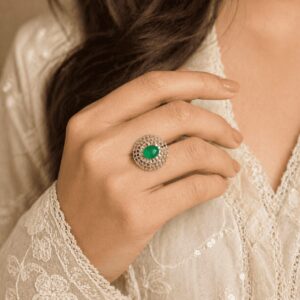 Emerald Stone Statement Ring Gold Tone